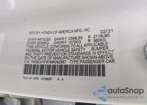 2021 Honda Accord Sport Special Edition z USA, uszkodzony, nr VIN 1HGCV1F41MA042967